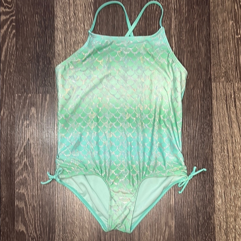 Girls large Cat & Jack one piece swimsuit green in color with mermaid style